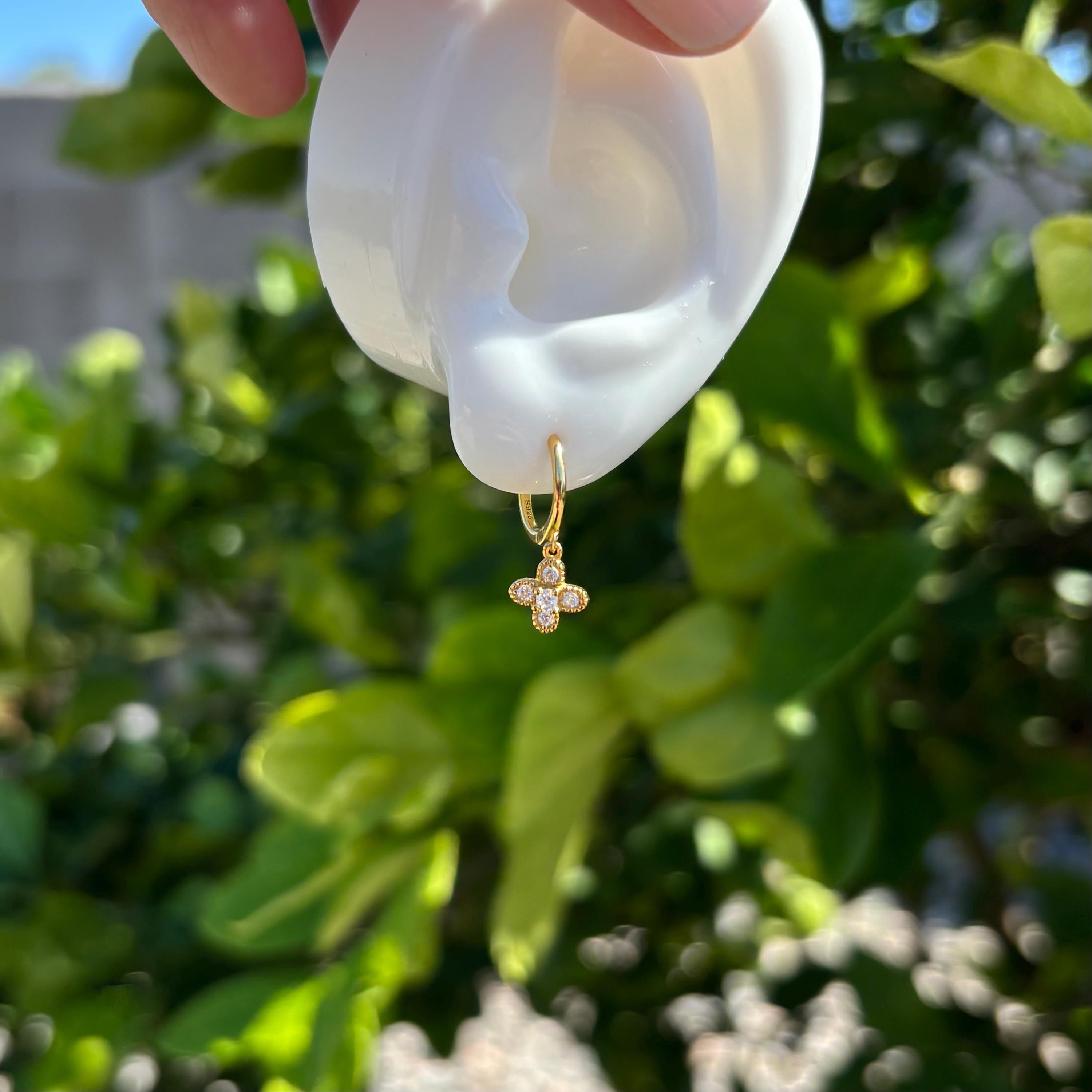 Gold Clover Earrings, Lucky Four Leaf Clover, Gift for Her, Minimalist Hoop Earrings, Pendant Cubic Zirconia Gemstones