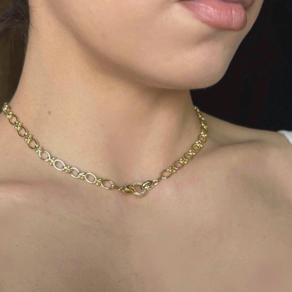 Plated Gold Chunky Choker, Oval Link Toggle Necklace, Zirconia Clasp